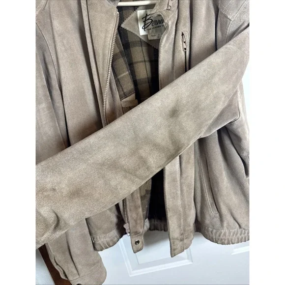 Vintage Bermans Suede Leather Jacket Mens 46 Plaid Lined Zip Hood Brown